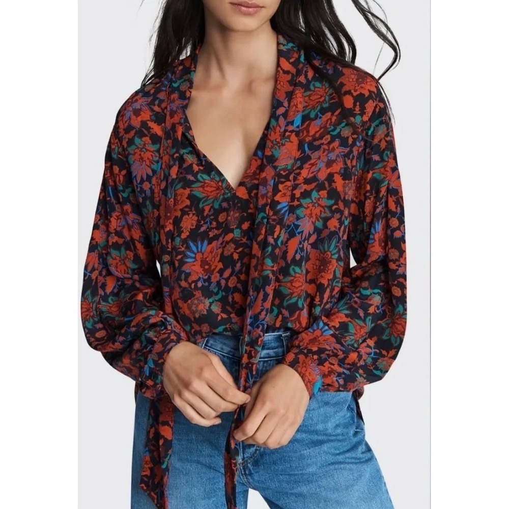 Rag & Bone Emily Blouse Red Multi Silk Floral Tie Neck Top Size S